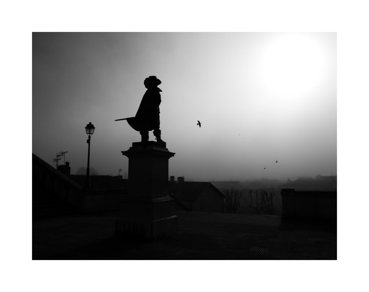 Patrimoine d'Auch : statue d'Artagnan Statue d'Artagnan à contre jour, présence d'un oiseau en vol, à Auch (Gers), photographie noir et blanc